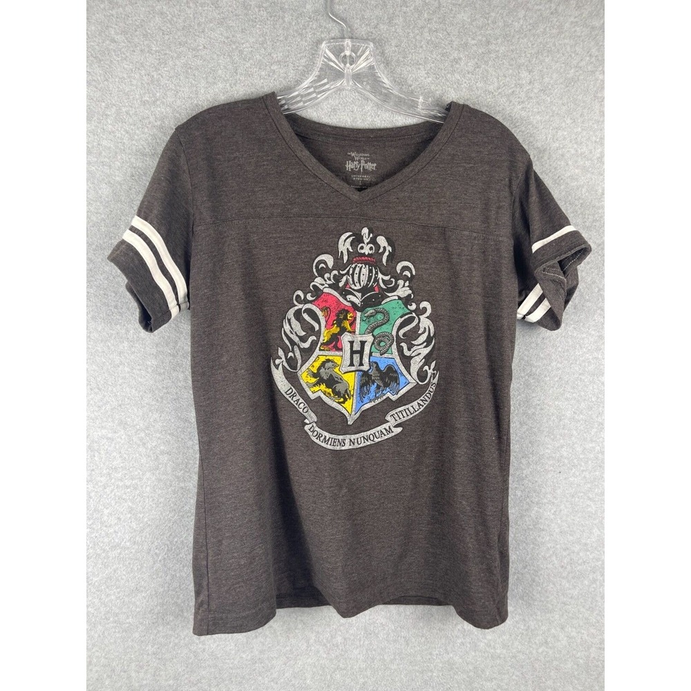 Harry Potter Hogwarts House T Shirt Womens‎ L Gray Short Sleeve V Neck Wizarding